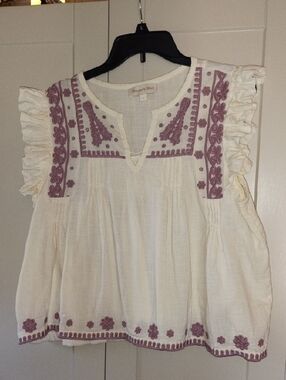Embroidered Ruffle Cotton Blouse - Cream with Mauve Detail